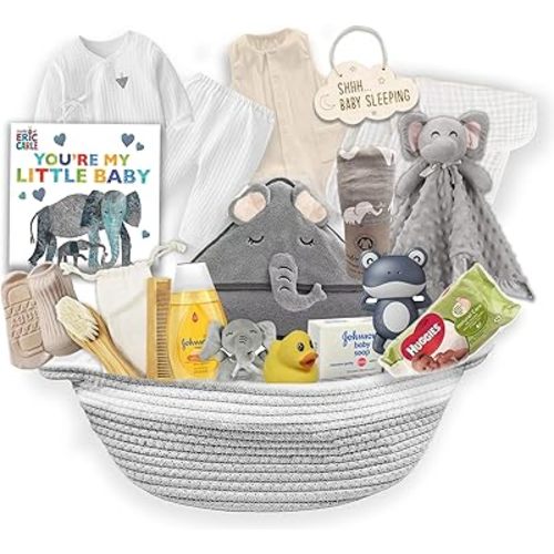 New Baby Boy/Girl Gift Basket (20 Items) for a New mom Elephant Baby Gift Set. Welcome Baby Care Package All w/Newborn Essentials Bundle for Expecting Moms Baby Shower, After Labor Unisex