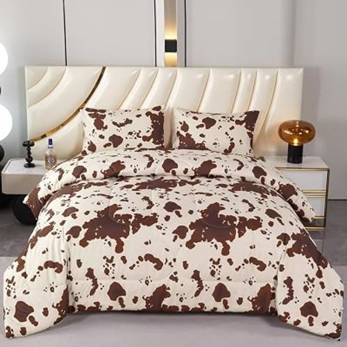 PERFEMET Cow Print King Size Comforter Set Brown and Beige Western Bedding Set Cartoon Animal Pattern Farmhouse Bed Set for Teens Boys Girls Men Women (Beige,King)