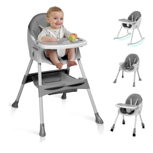 Ktaxon Baby High Chair, 6-in-1 Portable Feeding Rocking Seat with Adjustable Backrest, Removable Tray and 5-Point Safety Harness, Travel Folding Highchair for Toddlers & Babies, Grey