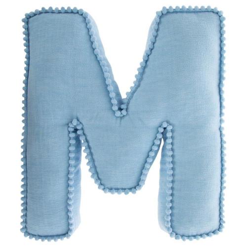 Letter Pom Pom Pillow - Blue, "M"