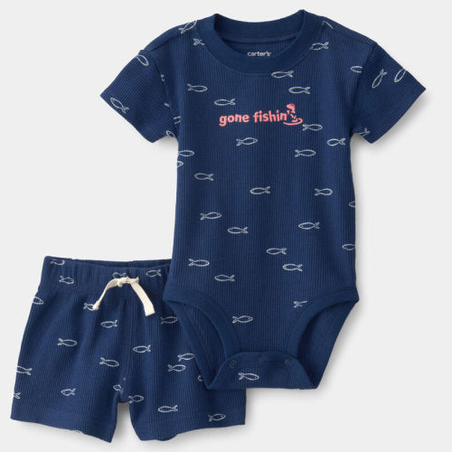 Baby Boy 2-Piece Fishing Herringbone Thermal Short-Sleeve Bodysuit & Short Set - Navy | Carter’s Oshkosh Canada