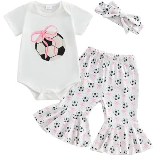 Newborn Baby Girl Soccer Outfit Soccer Bow Short Sleeve Bubble Romper Bell Bottom Pants Headband Set Summer Clothes