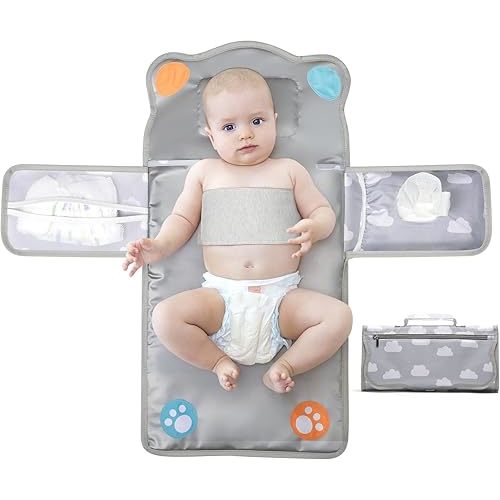 Anti Roll Diaper Changing Pad Mat with Swaddle Strap 3-in-1 Portable Waterproof Foldable Travel Station Built-in Pillow, Wipes Holder, Storage Pockets, Shower Gift for Newborns Girls,Boys
