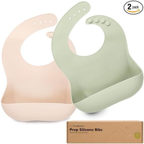 KeaBabies 2-Pack Silicone Bibs for Babies, Toddlers Girl, Boy – Sturdy Food-Grade Baby Bibs for Eating, Large Food Catcher, Clean & Put On Easily, Waterproof Toddler Feeding Essentials (Macaron)