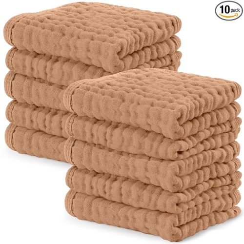 Comfy Cubs Muslin Baby Washcloths 10 Pack - Soft 6-Layer Cotton Wash Cloths for Sensitive Skin - 10"x10" Large, Gentle, Absorbent Infant Essentials for Newborn and Toddlers - Caramel