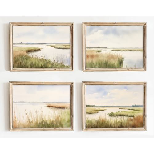 Marsh Painting Set Of 4 Prints Charleston Lowcountry Watercolor Landscape Wall Art Salt Marsh Artwork Green Beige Poster