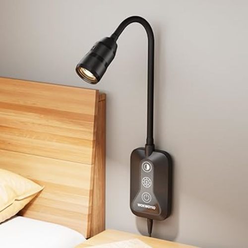 Wall Mounted Reading Light for Bed, Headboard Light with 360° Flexible Arm, Hand Wave Sensor, Focused 60° Beam, 5 Color Temperatures, Stepless Dimming, Memory Function, USB-C Output, Black 1 Pack