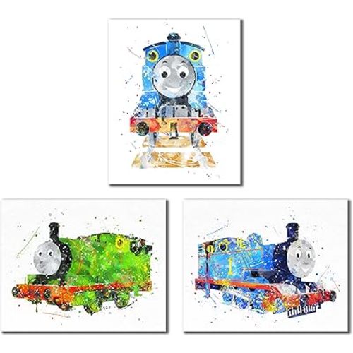 BigWig Prints Thomas and Friends Train Art - Watercolor Wall Art, Thomas The Tank, Percy The Small Engine, Colorful Nursery Decor, Train Themed Bedroom Artwork, Playroom Decor -Unframed 3 Pack (8x10)