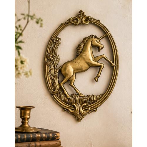 Vintage Brass Unicorn Wall Plaque | Ornate Oval Floral Frame | 1970s–80s