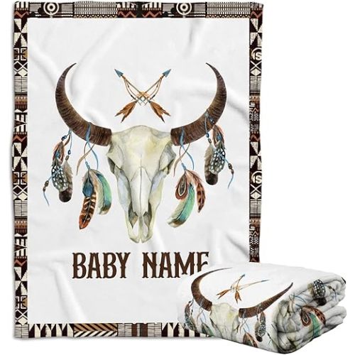 Cowboy Baby Blankets, Personalized Baby Blankets for Boys, Baby Western Blanket for Baby Boys Girl, Skull Longhorn Custom Baby Blankets Name, Tribal Pattern Fleece Blankets for Newborn Infant