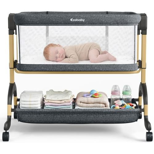 Ezebaby 3 in 1 Baby Bassinet Bedside Sleeper, Rocking Bassinet for Baby with Comfy Mattress & Breathable Full Mesh Sides, 7 Height Adjustable | Portable Crib for Newborns with Lockable Wheels