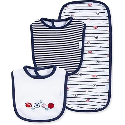 Little Me Clothes for Baby Boys’ and Girls’ 2 Bibs and 1 Burp Cloth Set, Soft Cotton Feeding Essentials with Velcro Closures