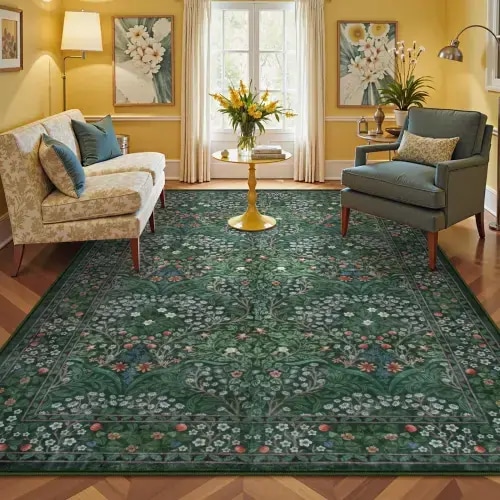 Giverny Washable Maximalism Vintage French Floral Dark Green Rug - Lahome