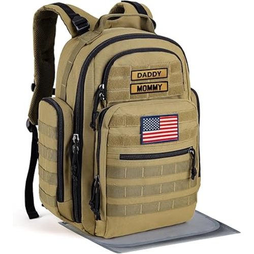 SHARKMOUTH Baby Diaper Bag for Men - Large Military Daddy Gear Backpack with Changing Pad for Travel Camping Hiking - Army Style for Active Dad Tan