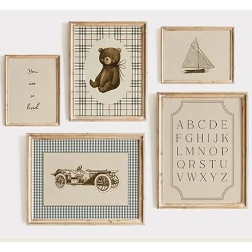 Set of 5 Neutral Vintage Nursery Wall Art, Beige Plaid Teddy Bear Sailboat Car Alphabet Painting Canvas Prints, You Are So Loved Wall Decor Picture, Farmhouse Artwork for Baby Bedroom, Unframed