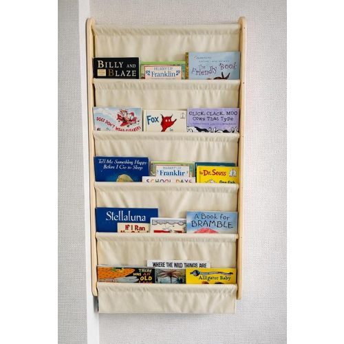 Montessori Wall Mounted Soft Canvas Fabric Bookshelf 5 Tier, Solid Pine Wood Kids Book Rack with Deep Pocket, Nursery & Playroom Space Saving Behind Door Shelf