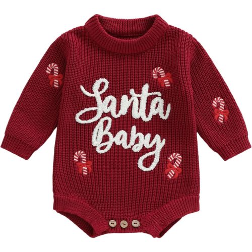 Adobabirl My First Christmas Baby Outfit Girl Boy Christmas Sweater Bubble Romper Long Sleeve Jumpsuit Fall Winter Outfit (Santa Baby Onesie-Red, 0-3 Months)