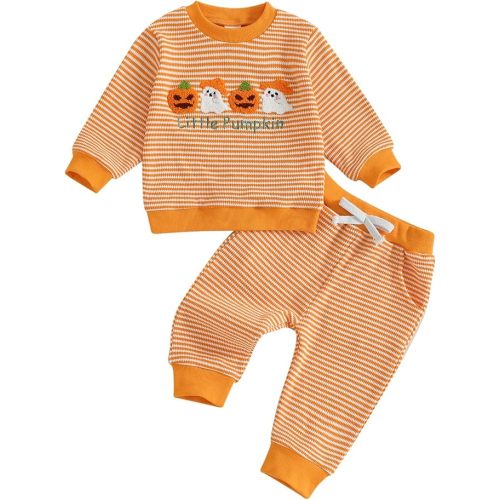 fhutpw Baby Toddler Boy Girl Fall Winter Clothes Embroidery Stripe Pullover Pants Sets Infant Long Sleeve Sweatshirt Outfits