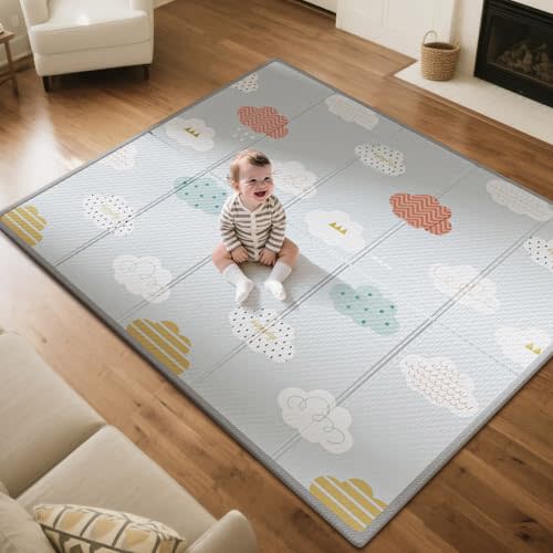 UANLAUO Foldable Baby Play Mat, Extra Large Waterproof Activity Foam Playmats for Babies,Toddlers, Infants, Baby Tummy Time Play Mat for Floor with Travel Bag (Rain+Cloud)