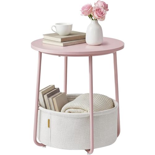 SONGMICS HOME Small Side Table, Round End Table, 2 Tier Nightstand with Basket, U Shaped Steel Legs, Easy Assembly, for Living Room, Bedroom, Pink and White