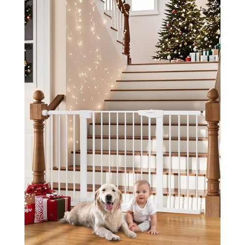 Cumbor 29.7-54.2" Wide Baby Gate for Stairs, Mom's Choice Awards Winner-Self Closing Dog Gate Indoor for Doorways, No Drilling Pressure Mounted Pet Gates for Kids, Easy Walk Through Safety Gate, White