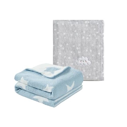 CREVENT 2Pcs 30''X40'' Cute Cozy Fluffy Warm Baby Blankets for Infants Toddlers' Bedding Crib Cot Stroller - Grey Cloud + Knit Blue