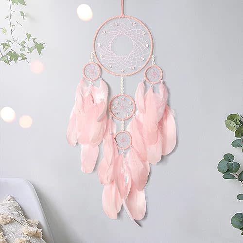 SOMYTING Dream Catcher Wall Decor Handmade Feathers Dreamcatcher Wall Hanging Ornament Room Decor Bohemian Home Decor Craft Blessing Gift (Pink, No Light)