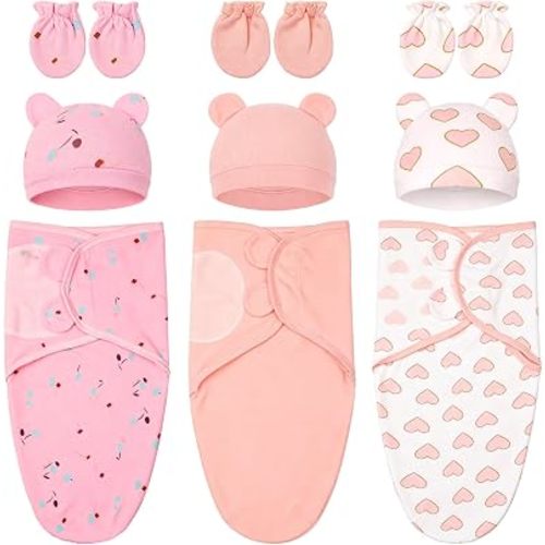 Flasoo 3 Pack Preemie Swaddle with Hat and Mittens Set, Adjustable Cotton Swaddle for Preemies, Preemie Swaddles 4-7 Lbs for Boys Girls, Preemies Newborn Essentials (Pink)