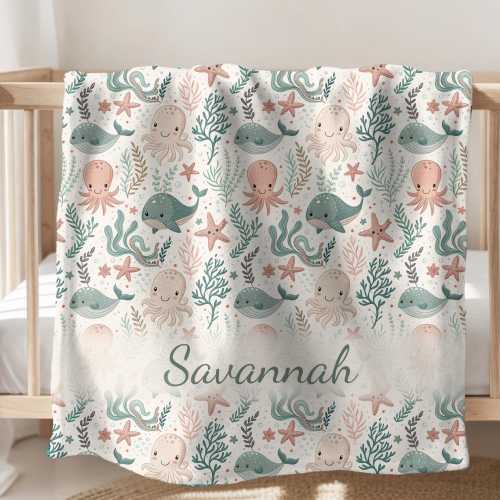 Personalized Ocean Baby Blanket, Custom Under the Sea Throw Blanket, Velveteen Baby Shower Gift, Sea Animal Nursery Decor, Baby Name Swaddle