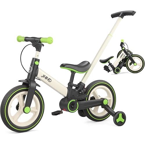 JMMD 6 in 1 Toddler Bike with Push Handle for Kids 18-60 Months, 12" Foldable Balance Bike with Training Wheels, Pedals, Brakes, Kickstand, Push Tricycle Toddler Gift & Toys for Boy & Girl