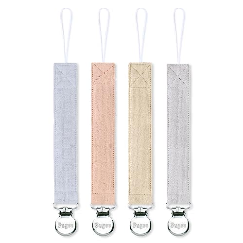 Pacifier Clip for Baby Boy and Girl - Linen Soft Fabric Pacifier Hold with Clip for Binky, Leash Soothie Holder Unisex 4 Pack (Blue）