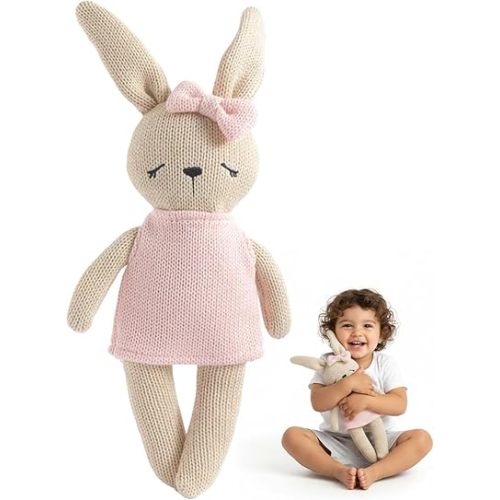 Living Textiles Knitted Animal Toy - Gentle Cotton Knitted Baby Toys for Newborn Essentials, Soft Cuddle Toy for Nursery and Travel, Perfect Newborn Toys Baby (Rabbit)