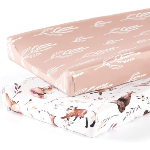 GRSSDER Stretch Ultra Soft Jersey Knit Changing Pad Cover Set 2 Pack, Change Table Pad Covers Fit 32"/34" x 16" Pads Safe and Snug, Cute Diaper Change Table Sheets for Girls, Fox Pattern for Baby