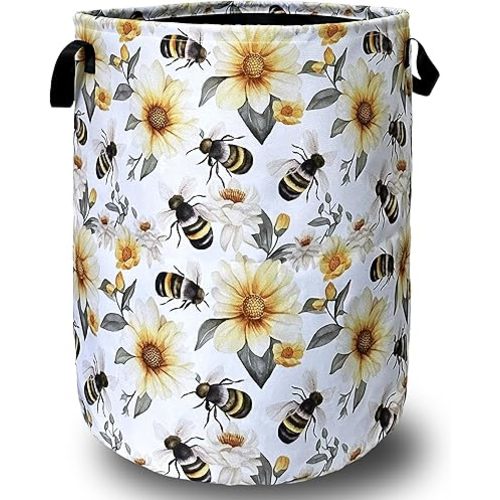 Cute Bees Laundry Basket Foldable With Handles Tote Bag Oxford Cloth Yellow Flowers Colorful Laundry Hamper Clothes Storage Bucket Toy Organizer 18.9" x 16.5" For Bathroom/Laundry/Bedroom