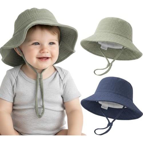 Konssy Muslin Baby Boy Sun Hat 2-Pack, Infant Sun Hat with Wide Brim, UPF 50+ Baby Beach Hat for 0-6 Months