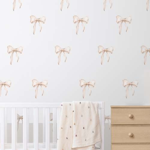 Watercolor Bows Wall Decals, Boho Beige Coquette Bow Nursery Wall Decor, Reusable & Removable Fabric Wall Stickers Set
