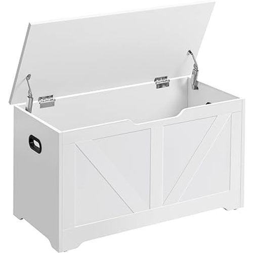 VASAGLE Storage Chest, Storage Trunk with 2 Safety Hinges, Storage Bench, Shoe Bench, Farmhouse Style, 15.7 x 31.5 x 18.1 Inches, for Entryway, Bedroom, Living Room, Cloud White ULSB062T14