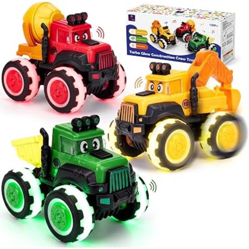 hahaland 3 Pack LED Pull-Back Monster Construction Truck Toys for 2-4 Boy