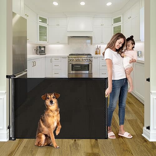 Retractable Baby Gates for Doorways 55" Wide Retractable Dog Gate for Stairs, Mesh Dog Gates for The House, Retractable Gate Outdoor Baby Gates for Decks, Child Gate for Stairs, Black