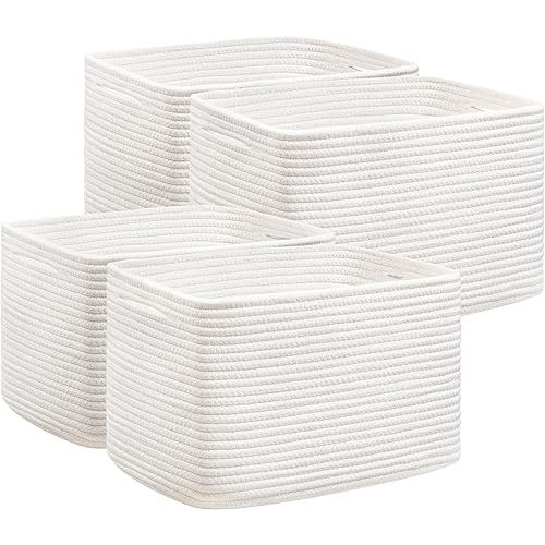 UBBCARE 4 Pack Baskets for Organizing, Woven Storage Baskets for Toys and Towel, Rectangle Cotton Rope Basket with Handles, 14''L x9''W x8''H, White