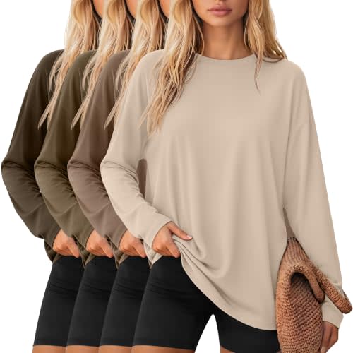 Huukeay 4 Pack Women Oversized Long Sleeve Shirts | Crew Neck Baggy Sweatshirts, Loose Fit Basic Undershirts Bulk, Multipack Knit Pullover, Plain Workout Tees, Fall Winter Tops