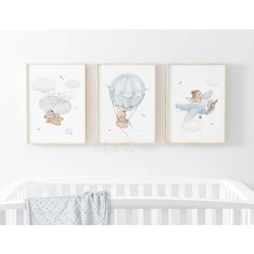 SET of three Nursery Art "BEARS in the AIR" Nursery wall art, Nursery Plane, Boy nursery prints, Hot air Balloon wall art, Watercolor bears.