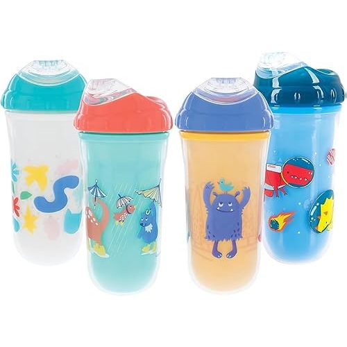 Nuby No Spill Insulated Transition Cup with Soft Rim Spout | 9 oz/ 270 ml | 2 pack: Aqua Animals & White Shapes or Blue Dinosaurs & Yellow Monsters | 18 months +