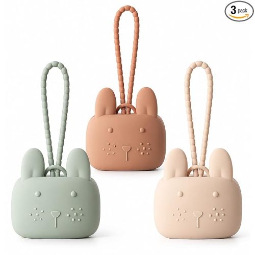 ROCCED Pacifier Holder Case Silicone Bunny Design Pacifiers Pouch with Soft Silicone Strap, Travel Storage for Stroller & Diaper Bag, Pacifier Holder Pouch for Baby, Set of 3 Beige Dusty Green Brown