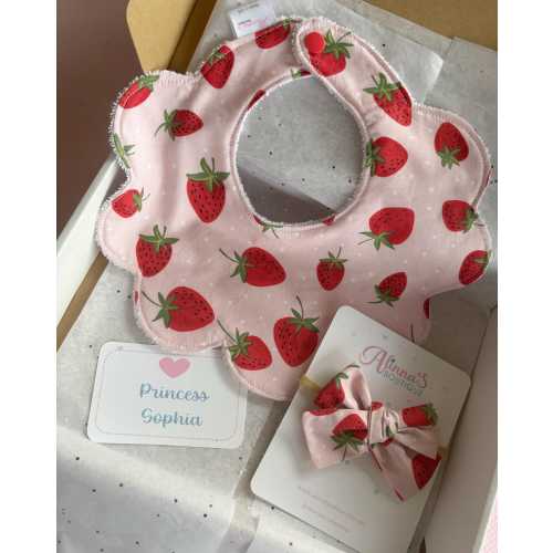 Bib and bow for baby girl, baby girl scalloped bib, strawberry baby bow, bib and bow set, baby girl gift, baby shower gift,
