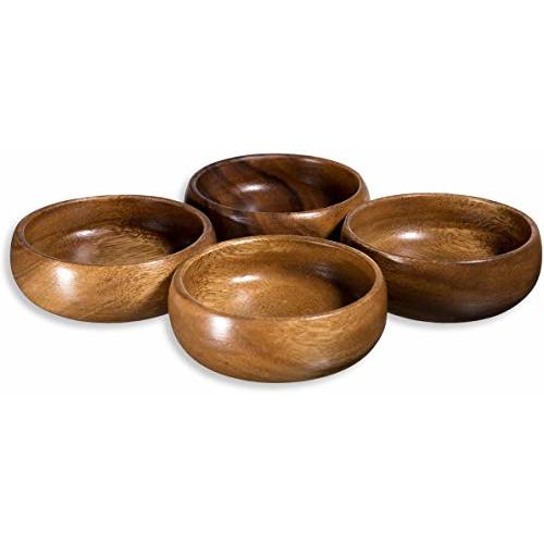 Home Essentials Natural Acacia Wooden Bowls Hand-Carved Calabash Small Dip Tray Bowl S/4 Ideal for Appetizers, Dips, Sauce, Nuts, Candy, Olives, Seeds, Desserts and More. Small (Round)