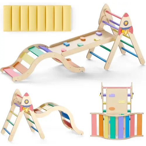Pikler Triangle Set with Cushion, 9-in-1 Kids Climbing Toys for Toddlers 1-3 Inside, Montessori Toddler Climbing Toys Indoor, Large Wooden Pikler Triangle Climbing Set Baby Playground for Children