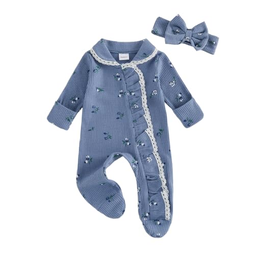 Newborn Baby Girl Floral Waffle Knit Footed Romper Set with Bow Headband | Floral Print, Full Zipper Front, Easy Diaper Changes, Ideal For Sleeping, Daily Outings And Photo Shoots