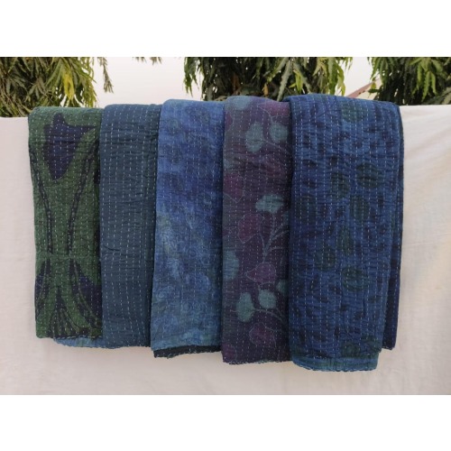 Indigo Dyed Cotton Kantha Throw Quilt: Indian Handmade Bedspread