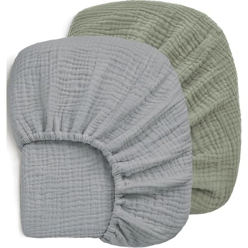Pro Goleem 2 Pack Muslin Crib Sheets for Boys and Girls, Soft Breathable Neutral Fitted Cotton Baby Bed Sheets Set for Standard Crib Mattress & Toddler Mattress 52"x28", (Grey＆Green)